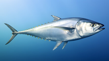 Poster - Fresh whole tuna fish with glossy silver skin isolated on blue background