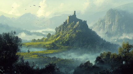 Canvas Print - A Lonely Figure Approaching a Castle on a Misty Mountaintop