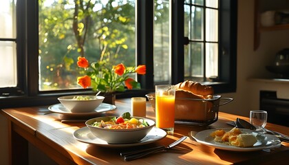 Charming Brunch Table Bathed in Sunlight with Delightful Dishes and Fresh Flowers