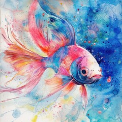 Wall Mural - Abstract watercolor painting of a cyan and pink fish