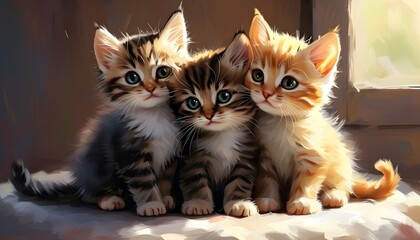 Wall Mural - Adorable illustration of three cozy kittens snuggling together in a heartwarming scene