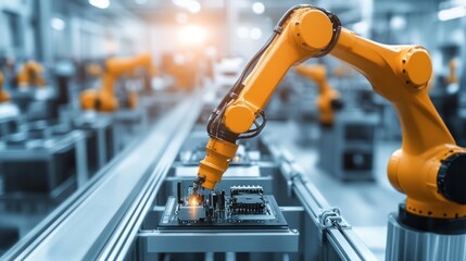 Poster - A high-tech robotic arm assembling intricate electronic components in a modern factory setting showcasing precision engineering and automation