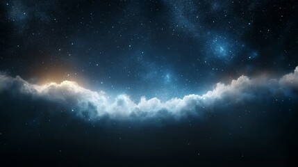 Horizon under a blanket of stars, clouds floating by, serene darkness.