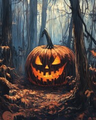 Canvas Print - Eerie Pumpkin Glow in Dark Woods