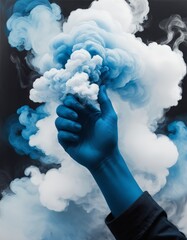 Wall Mural - An artistic photograph of a hand holding a cloud of blue smoke, creating a mesmerizing and dynamic visual. The vivid blue color and smoke texture add an element of mystery and intrigue.