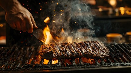 Closeup of a hand flipping meat on a hot grill