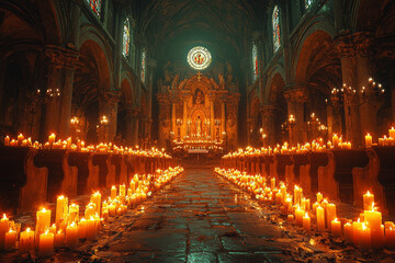 Wall Mural - A Baroque-era church hosting a solemn All Saints' Day service with candles and prayers for the dead. Concept of Halloween in the Baroque period.