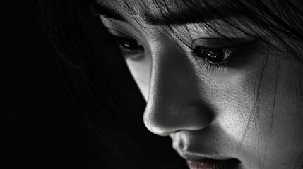 Poster - Close-up Black and White Portrait of a Woman's Face with Long Hair