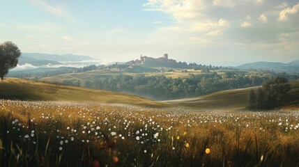 A Picturesque Medieval Castle on a Hilltop Overlooking a Field of White Flowers