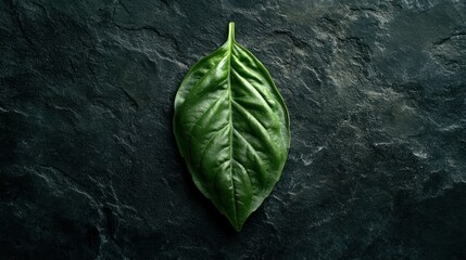 Wall Mural - A Single Green Leaf on a Dark Slate Surface