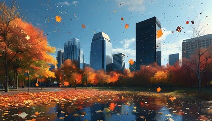 Charming Autumn Cityscape Adorned with Dancing Leaves