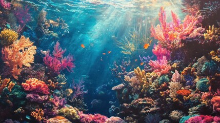 Poster - Underwater Coral Reef with Sunlight and Fish