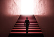 © Who is Danny - Businessman climbing stairs towards bright light, symbolizing success and ambition.