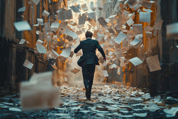 Poster - a worker late for a meeting, running and dropping papers everywhere. concept of professional setback