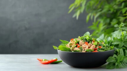 Wall Mural - Isaan minced meat salad, spicy larb, traditional Thai dish.