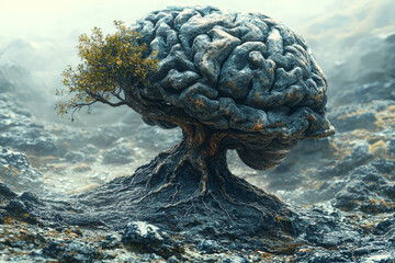 Wall Mural - A tree growing from a brain, but its branches are withering away. Concept of the mind-nature connection and the consequences of neglecting mental health.