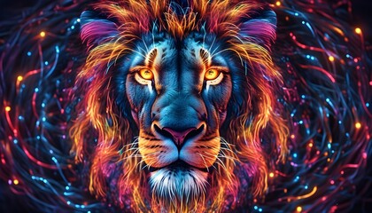 Wall Mural - Radiant holographic lions face crafted from vibrant neon lights and shimmering highlights, featuring mesmerizing glowing eyes.