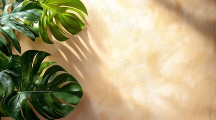 Wall Mural - Monstera leaves against a light yellow textured wall.