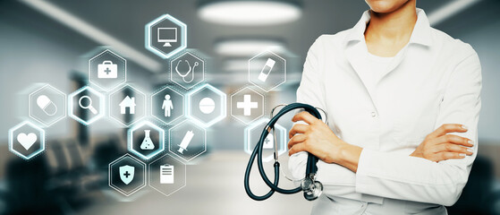 Poster - Female doctor holding stethoscope with medical icons and interface overlay in a clinic background.