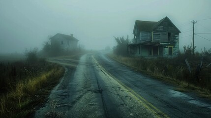 Sticker - Mysterious Foggy Road and Abandoned Houses