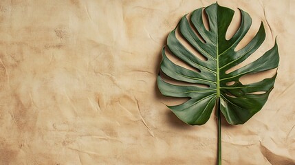 One Large Green Leaf on a Light Brown Crumpled Paper Background.