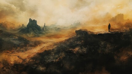 Canvas Print - A solitary figure gazes across a desolate landscape, a distant city shrouded in mist.