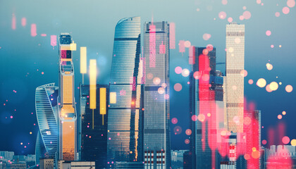 Poster - Digital charts overlaying a cityscape featuring modern skyscrapers in Moscow, Russia.