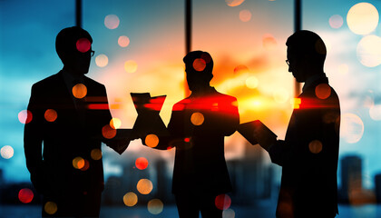 Sticker - Businesspeople working with laptops in an office at sunset with bokeh lights overlay.