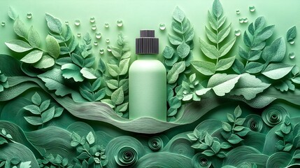 Elegant Paper Cut of Natural Skincare Bottle with Leaves and Water Droplets