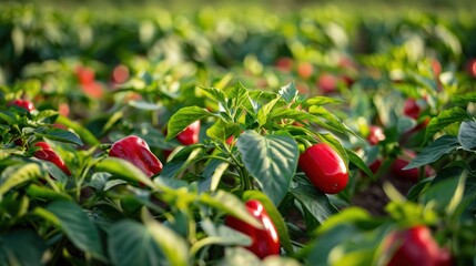 Wall Mural - Vibrant Red Peppers Growing in a Lush Green Field