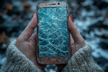 Poster - A person holding a shattered smartphone, looking devastated. Concept of technology failures and mishaps.
