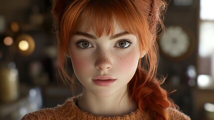 Wall Mural - Portrait of a Young Woman with Red Hair and Freckles