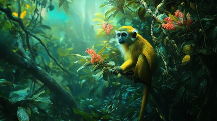 Poster - A Golden Monkey Perched on a Branch in a Lush Jungle