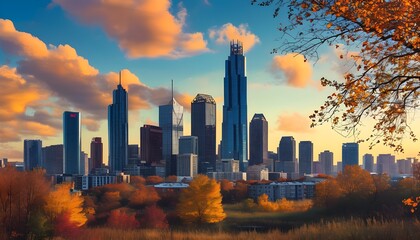 Canvas Print - Vibrant Autumn Skyline Overlooking a Contemporary Cityscape