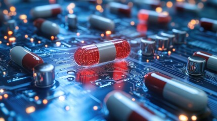 Poster - AI-powered medicine: Digital pills on a circuit board, illustrating the application of AI in medical research and practice.