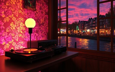 A cozy interior with a turntable and a vibrant sunset view over a canal, creating a relaxing atmosphere for music lovers.