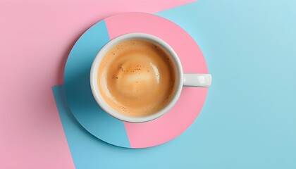 Wall Mural - Minimalist overhead view of freshly brewed coffee on dual-tone pastel pink and light blue background