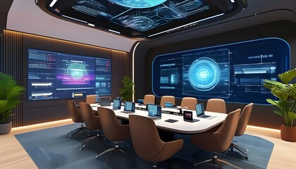 Sticker - Futuristic virtual meeting space with holographic elements and digital interfaces designed for immersive remote communication