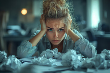 Poster - A businesswoman sitting at her desk with her head in her hands, surrounded by crumpled papers. Concept of work-related stress and frustration.