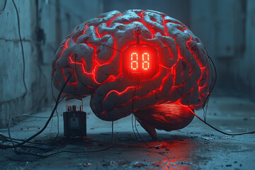 Aufkleber - A brain being connected to a battery, with the charge indicator slowly draining. Concept of mental exhaustion and burnout.