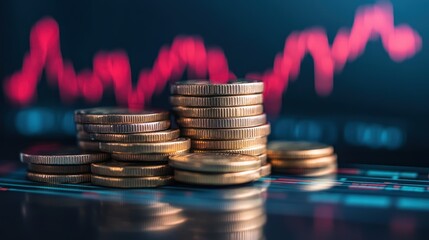 Poster - A stack of coins with fluctuating stock market graphs in the background, representing the volatility of the economy