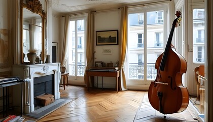 Wall Mural - Elegant Double Bass Set Against the Backdrop of a Cozy Parisian Apartment