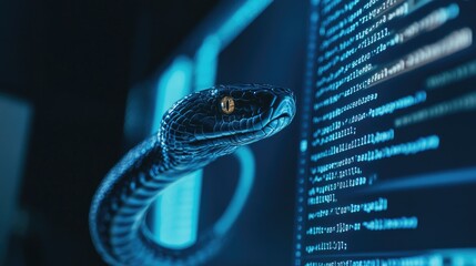 Poster - Data engineering: A computer screen displaying Python code with a digital snake, representing the application of Python programming in data engineering.