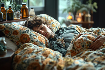 Poster - A warm, cozy scene of a person lying in bed with a fever, surrounded by blankets and cold medication. Concept of treating seasonal sickness.