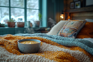 Wall Mural - A warm and cozy bedroom scene with a person resting in bed and a bowl of hot soup on the nightstand. Concept of recovery from winter illnesses.