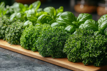 Canvas Print - A variety of fresh herbs like basil, cilantro, and parsley, displayed on a cutting board. Concept of adding flavor and nutrition to meals.