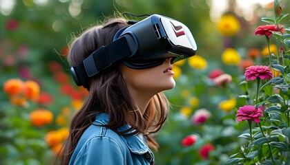 Wall Mural - Immersive Virtual Garden Exploration with Girl in VR Headset