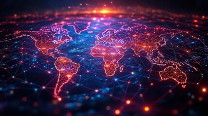 abstract visualization of global business connections with glowing network lines connecting illuminated nodes across a stylized world map representing international corporate networking