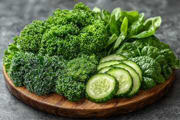 Canvas Print - A selection of crisp, green vegetables like spinach, kale, and broccoli arranged neatly on a wooden cutting board. Concept of nutritious eating.