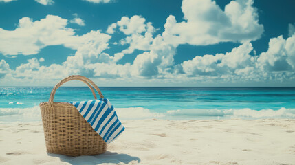 Wall Mural - picnic basket on the beach with turquoise water  and blue sky background 